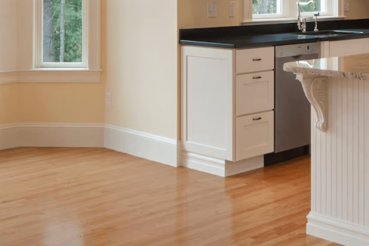 A kitchen floor covered in Water-Based Polyurethane. 