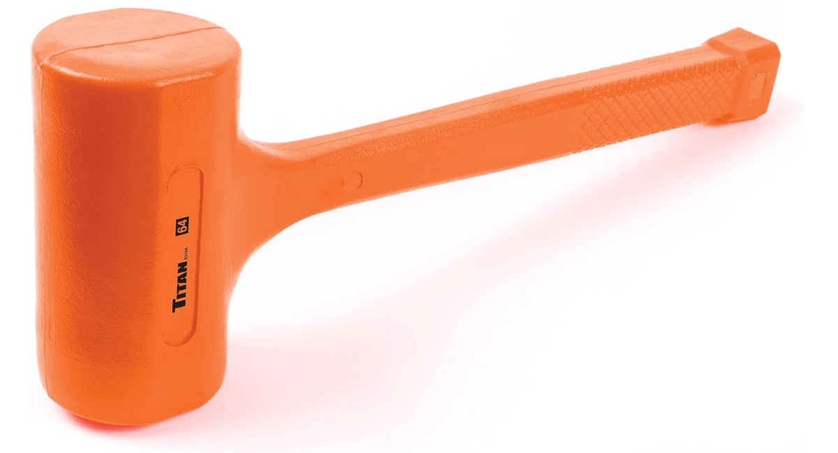 A neon orange Dead Blow Hammer from Titan. 