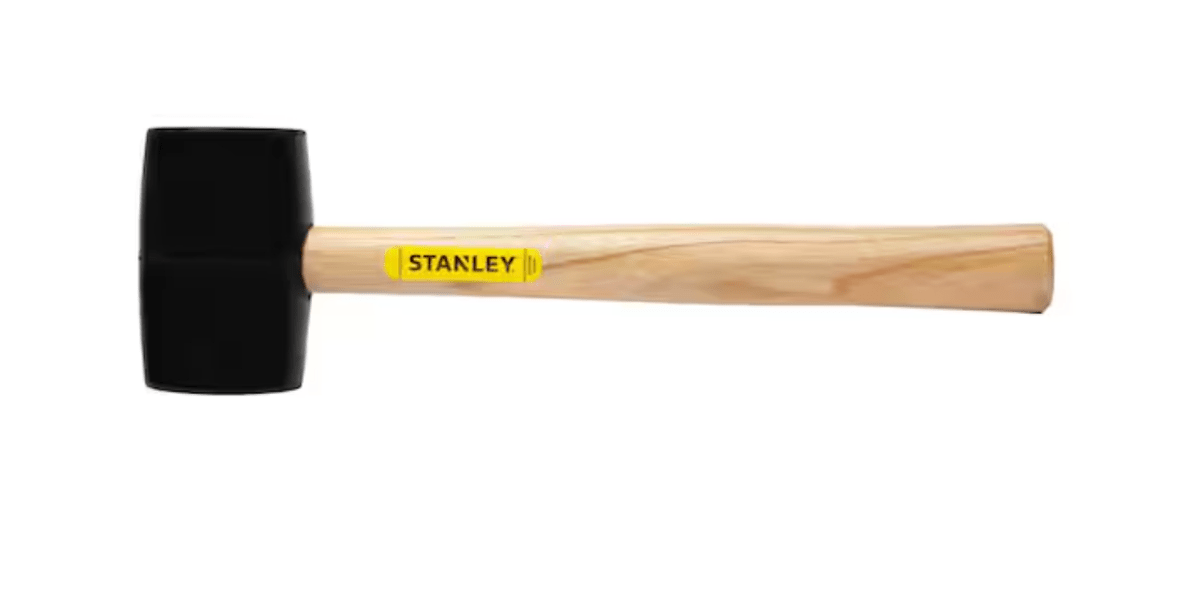 A rubber mallet with a wooden hammer from Stanley. 