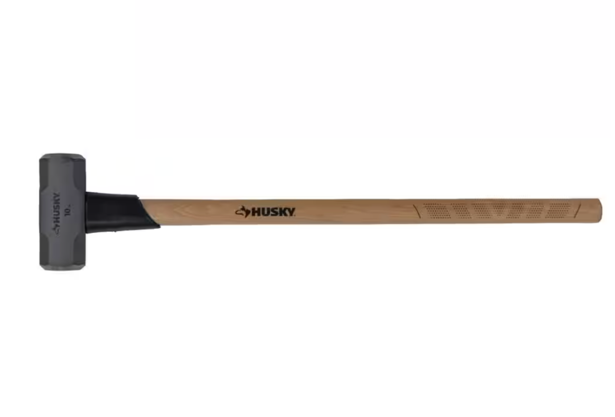 A Sledgehammer with a wooden handle from Husky.