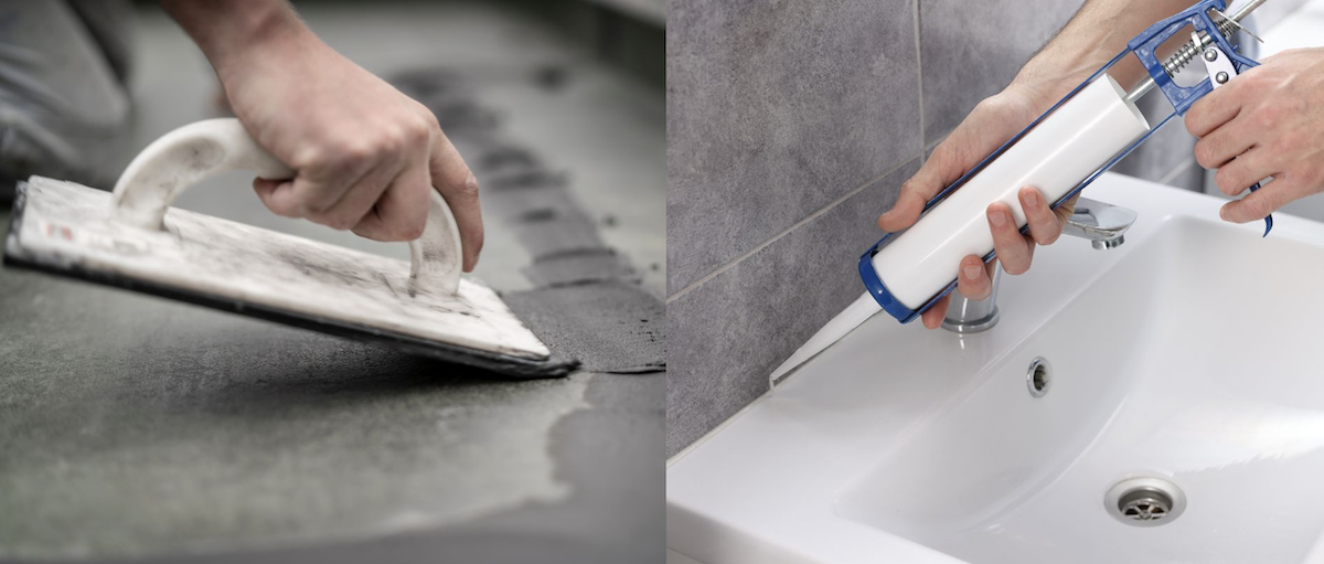 A person applies grout to tiled flooring (left) and someone applies caulk to a bathroom seam.