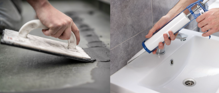 A person applies grout to tiled flooring (left) and someone applies caulk to a bathroom seam.