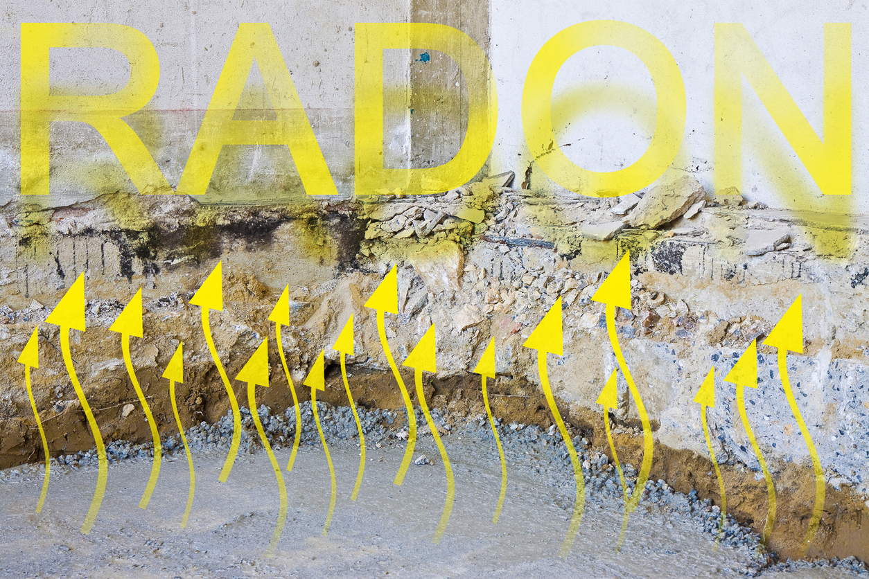 Dangerous natural gas radon escaping through a ventilated crawl space in an old brick building, indicated by yellow arrows and the word "Radon" written in yellow font.