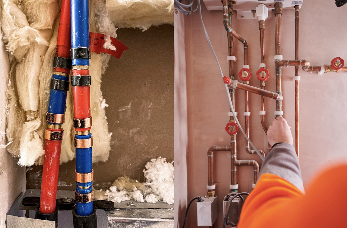 PEX piping with red and blue attachments; a man installs copper piping in a basement.