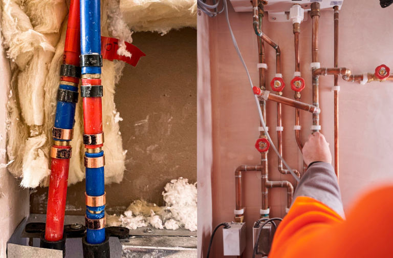 PEX piping with red and blue attachments; a man installs copper piping in a basement.