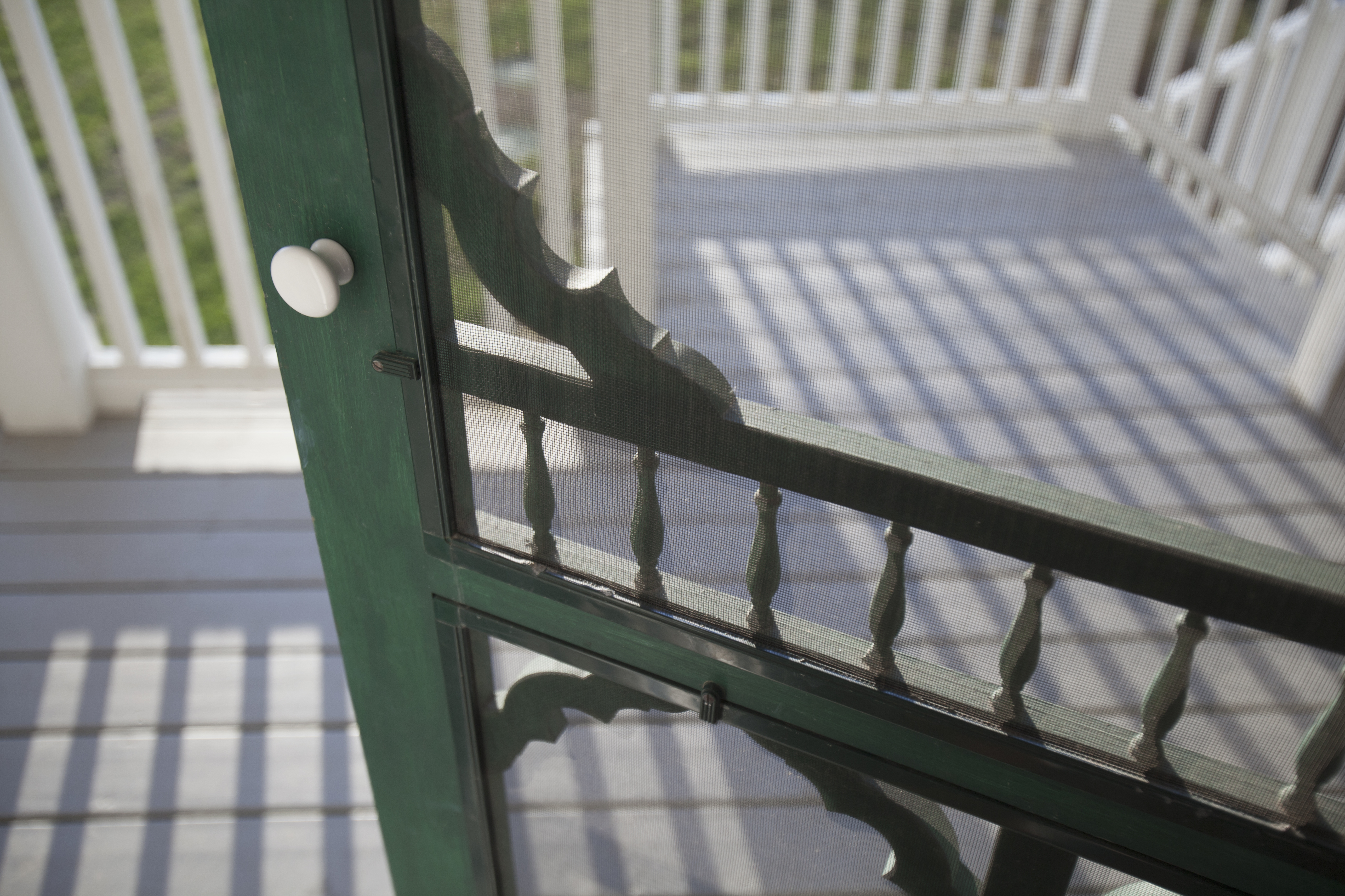 Screen door with green wood trim opens onto a beautiful porch.