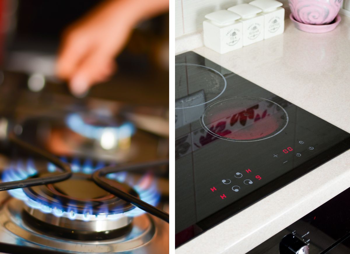 Left side: Gas stovetop with two flames lit. Right: Electric stovetop with one burner red