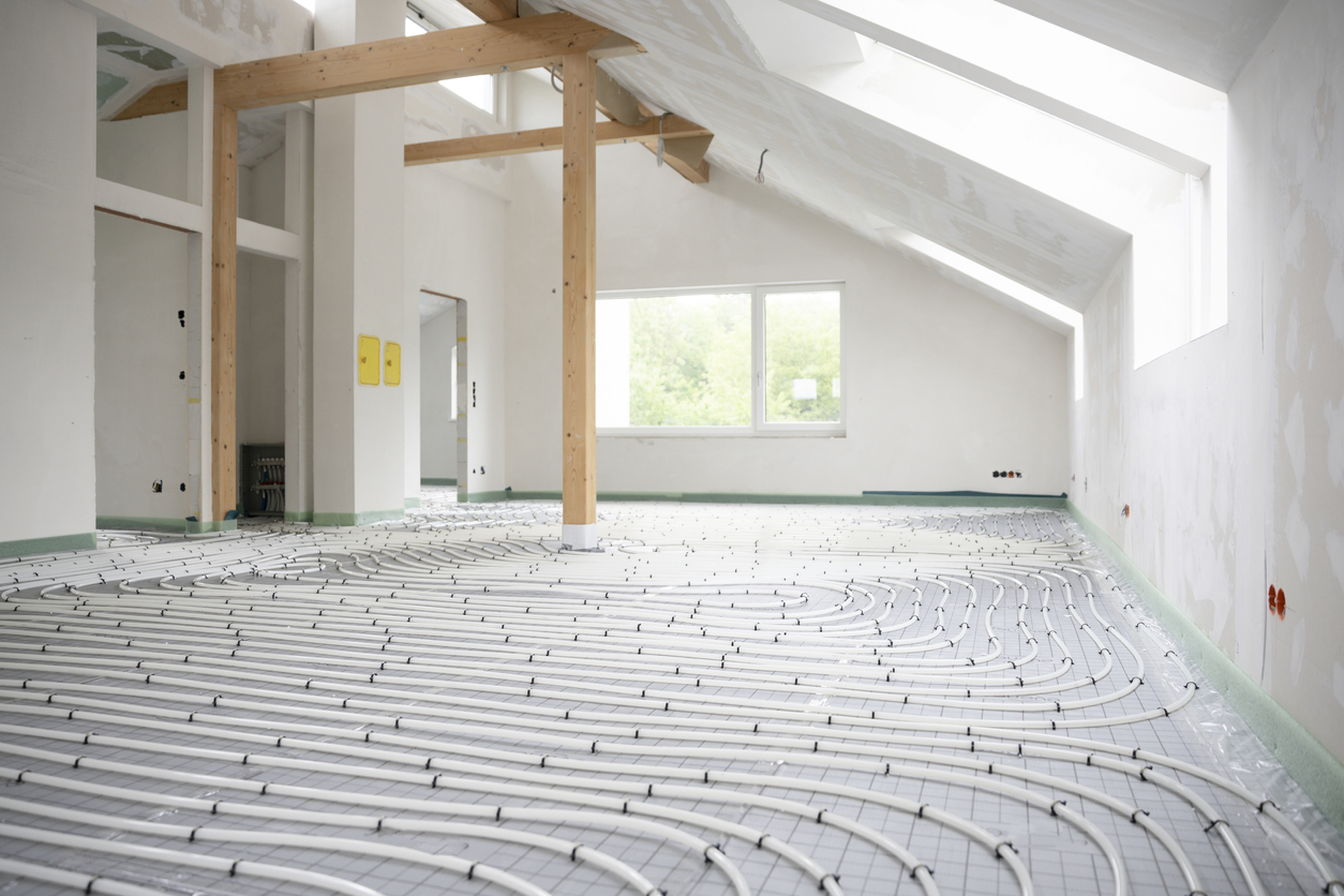 Radiant heating system installed in new home construction.