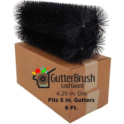 A roll of GutterBrush 5-Inch Gutter Guard 6-Foot Trial Pack sitting on a cardboard box on a white background.
