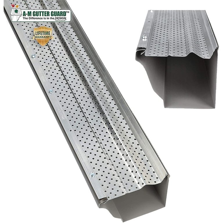 Two angles of the A-M 5-Inch Aluminum Gutter Guard on a white background.