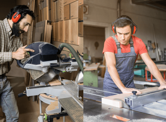 A side by side image of two different men using a miter saw and table saw.