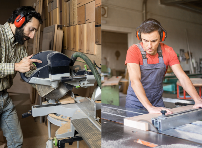 A side by side image of two different men using a miter saw and table saw.