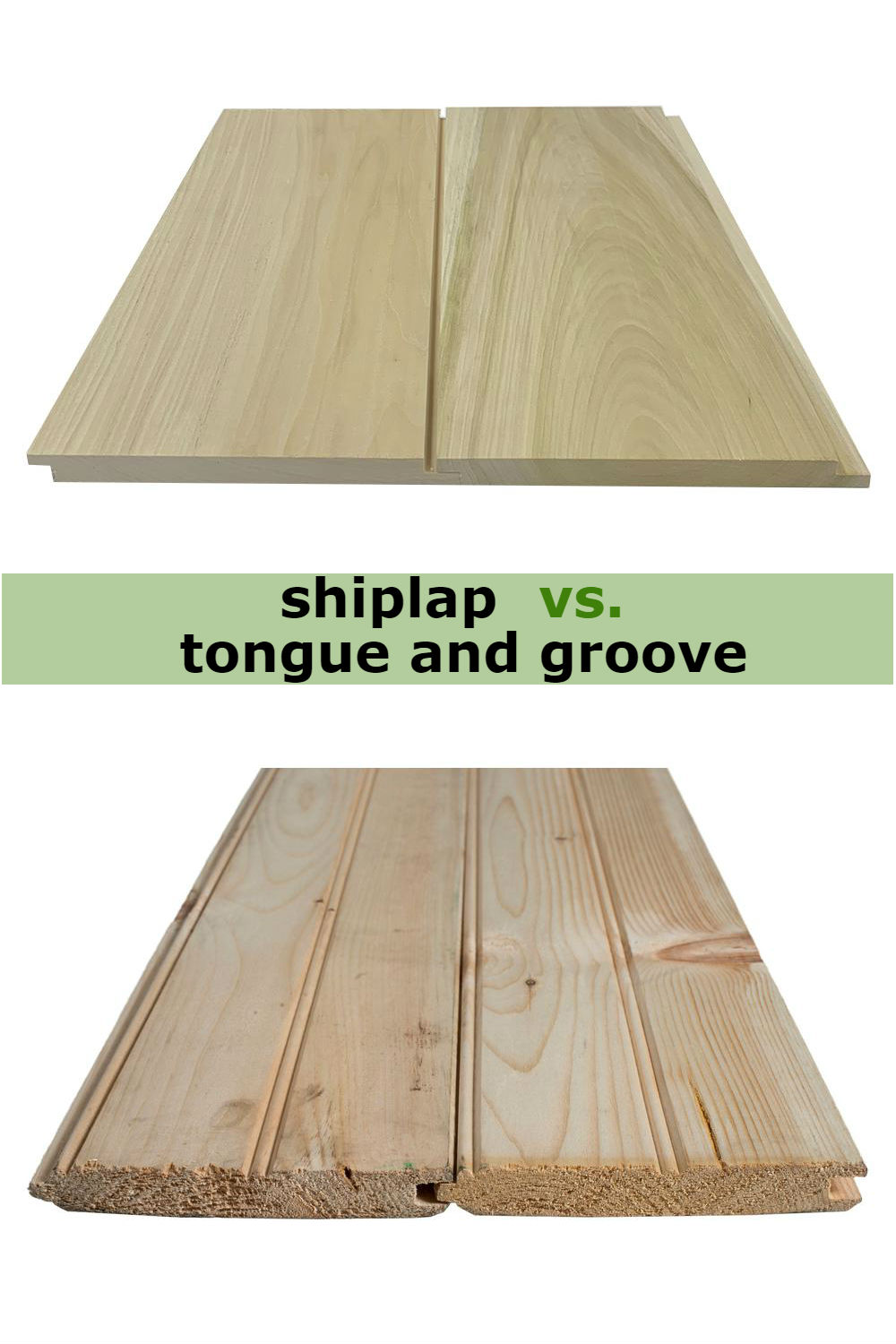 Side-view images of shiplap (top) and tongue and groove (bottom) boards on a white background.