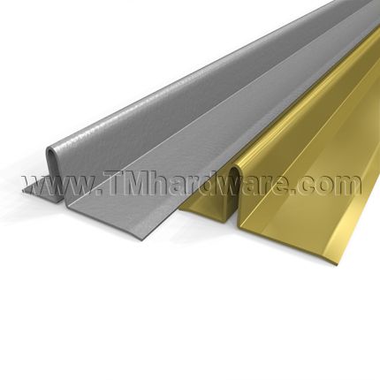 Interlocking metal weatherstripping, silver and gold, on a white background.