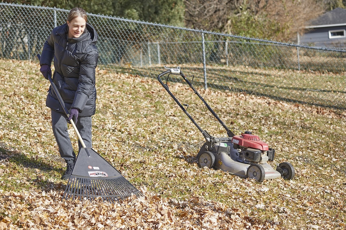 Woman rakes leaves in her yard, a lawn mower sitting nearby.
