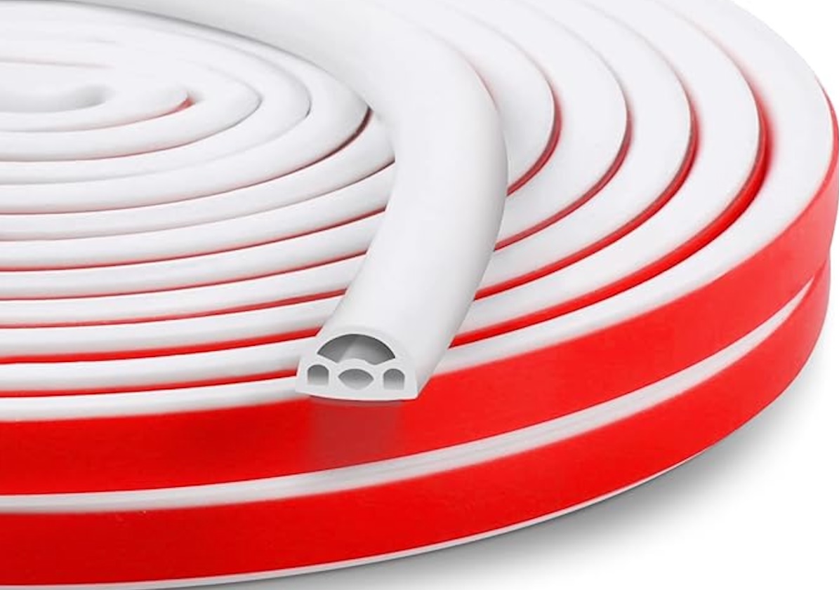 Red and white reinforced silicone weatherstripping on a white background.