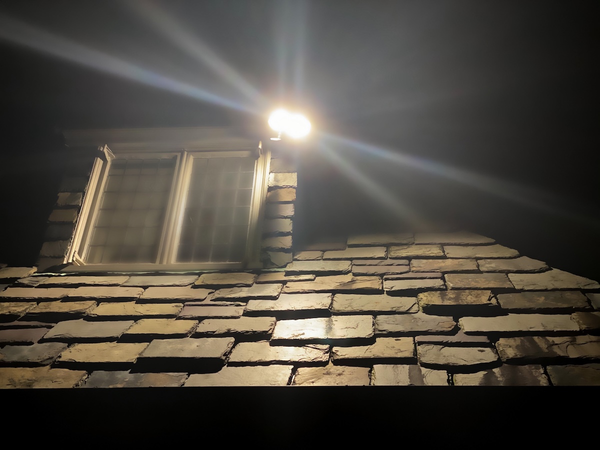 An outdoor flood light secured for home security.