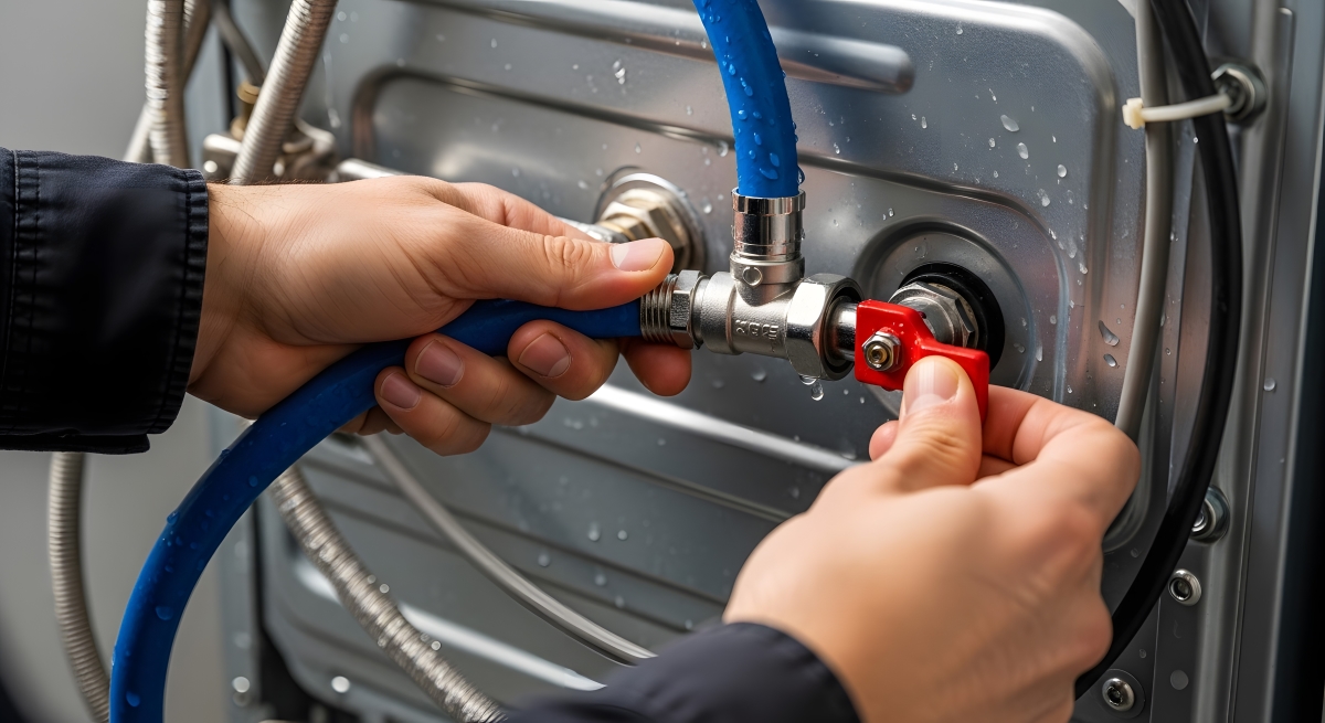 Hands are connecting water supply hose to the washing machine.