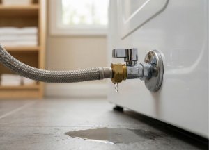 A dripping water supply hose connected to the washing machine.