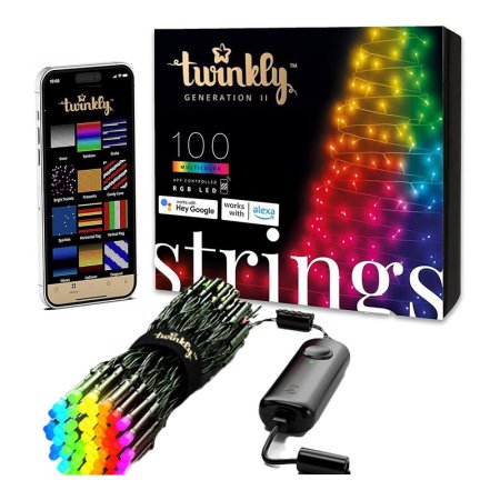  The Twinkly Strings Smart LED Christmas Lights with their packaging and a phone showing the Twinkly app on a white background.
