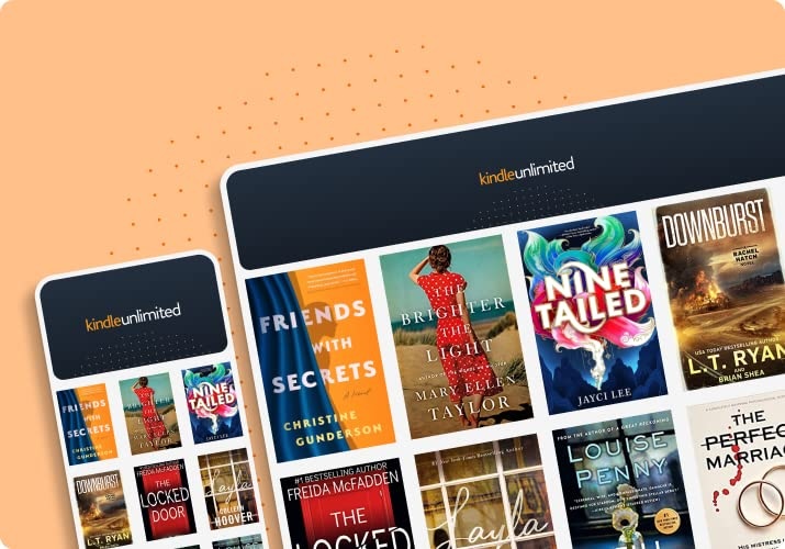 Kindle unlimited view on a kindle reader, with book covers on a digital device.