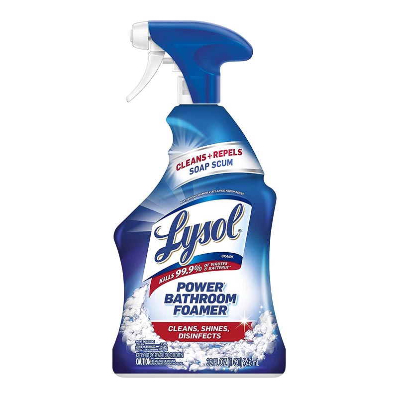 A spray bottle of Lysol Power Bathroom Cleaner on a white background.