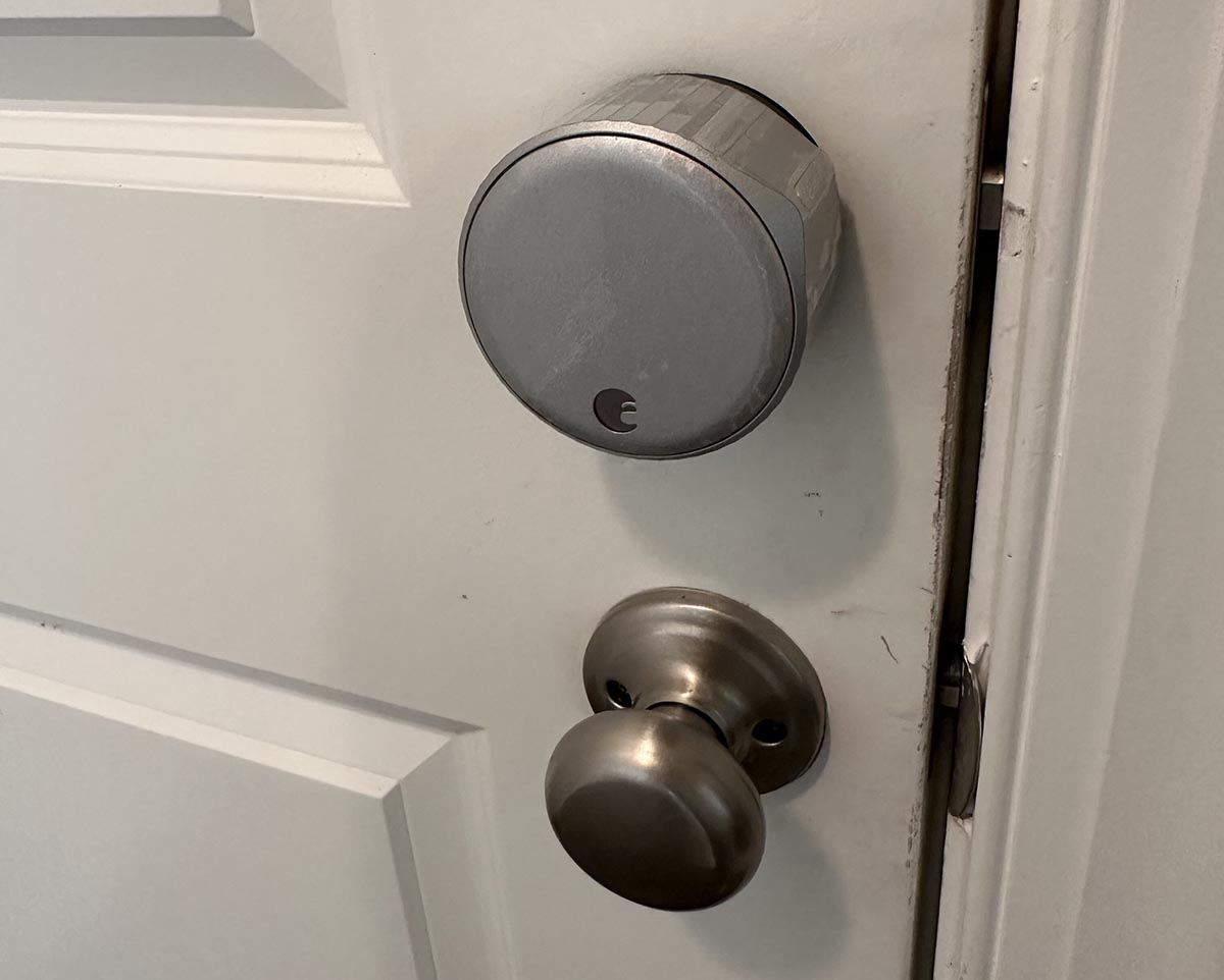 The August Wi-Fi Smart Lock installed on a door during testing.