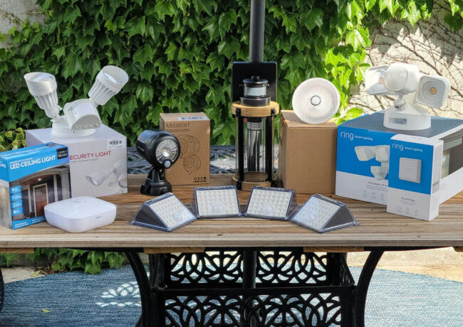 Reliable and powerful outdoor motion-activated lights grouped together on a table.