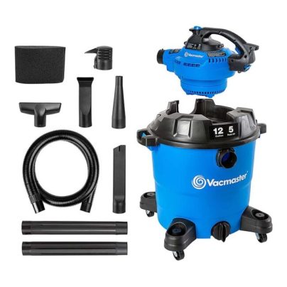 Vacmaster 12-Gallon wet/dry vacuum with its attachments on a white background