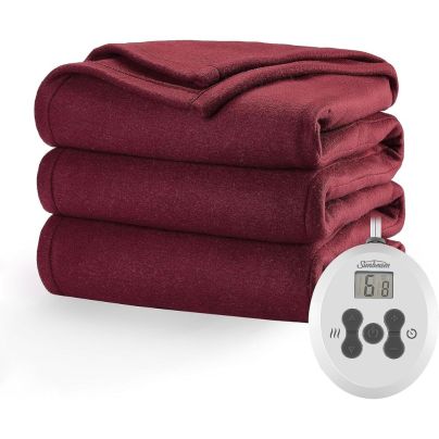 The Sunbeam Royal Ultra Fleece Heated Electric Blanket and its controls on a white background.