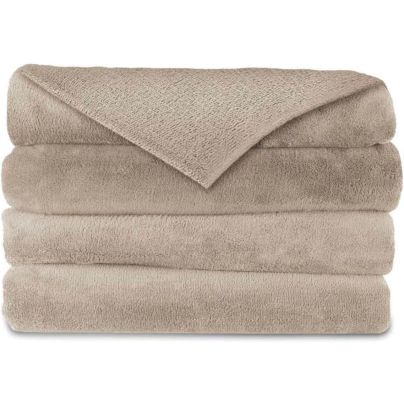 The Sunbeam Velvet Plush Heated Throw Electric Blanket folded and shown on a white background.