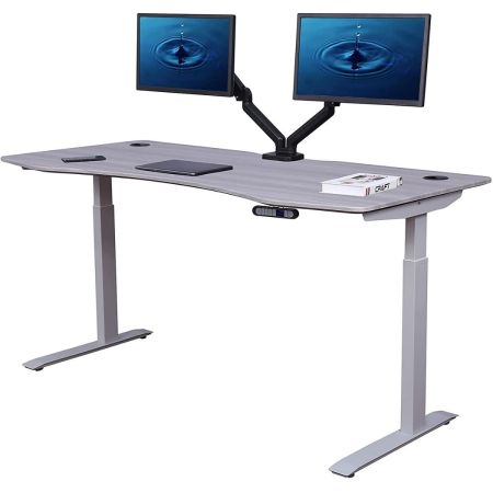 ApexDesk Elite 系列高度可调站立式办公桌,白色背景上配有两个显示器