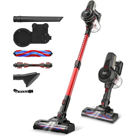  The Inse N6 Cordless Rechargeable Stick Vacuum and its accessories on a white background.