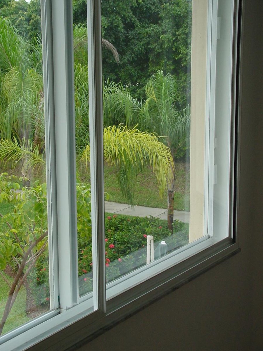 Close up view of soundproof windows over standard windows with lush vegetation out the window.