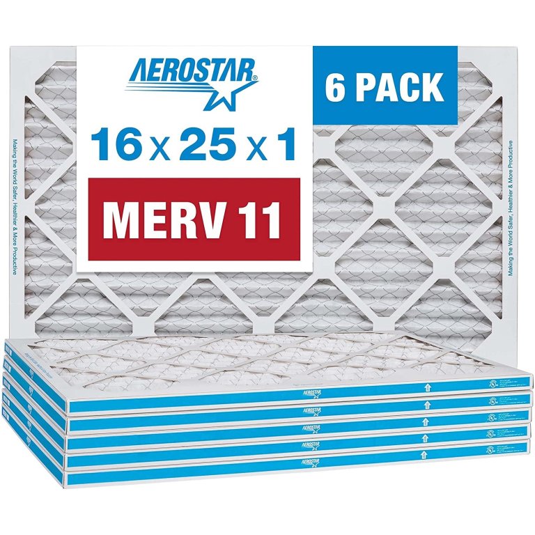  A 6-pack of the Aerostar Allergen & Pet Dander MERV 11 Air Filters in red, white, and blue packaging on a white background.