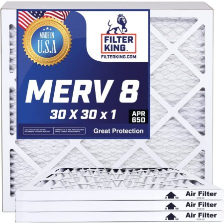  Three of the Filter King AC Furnace Air Filters wit a blue label stating Merv 8 on a white background.