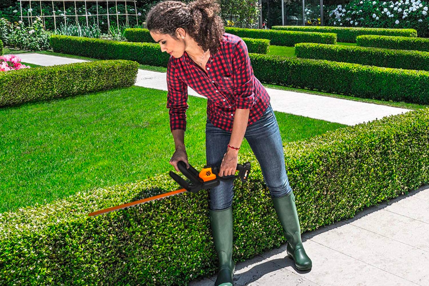 A person using the best hedge trimmer option to trim a hedge