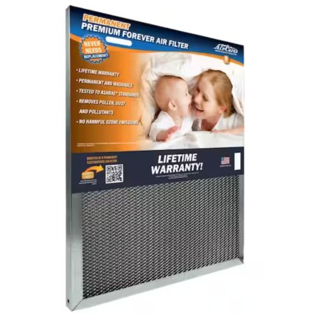  The Air-Care Permanent Washable Electrostatic Air Filter in dark packaging that shows a mother and baby laughing together.
