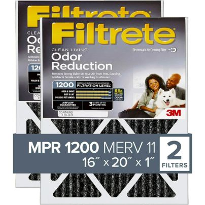 A 2-pack of the Filtrete MPR 1200 Odor Reduction Air Filters in grey and yellow packaging on a white background.
