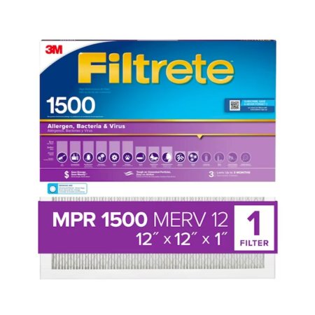  The Filtrete Smart MPR 1500 Air Filter in purple, blue, and yellow packaging on a white background.