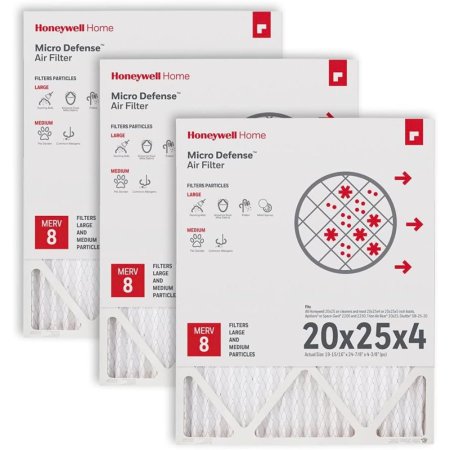  Three Honeywell Home High Efficiency Air Filters in white and red packaging on a white background.