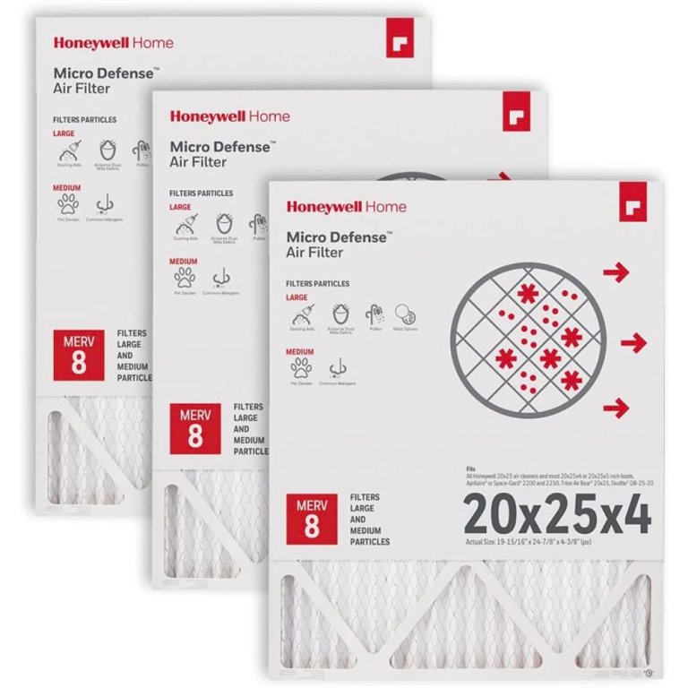  Three Honeywell Home High Efficiency Air Filters in white and red packaging on a white background.