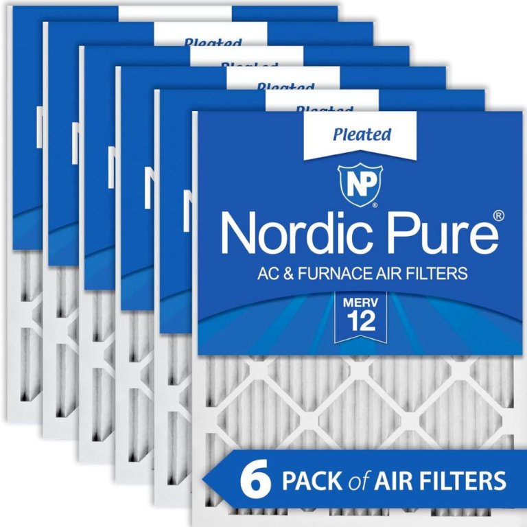  A 6-pakc of the Nordic Pure Pleated MERV 12 Air Filters in their blue packaging on a white background.