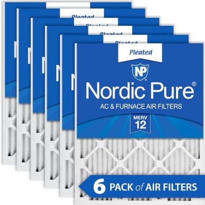 A 6-pakc of the Nordic Pure Pleated MERV 12 Air Filters in their blue packaging on a white background.
