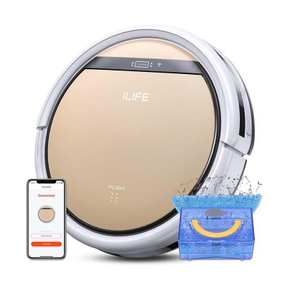 White Robotic Vacuum and Mop on white background next to phone displaying app