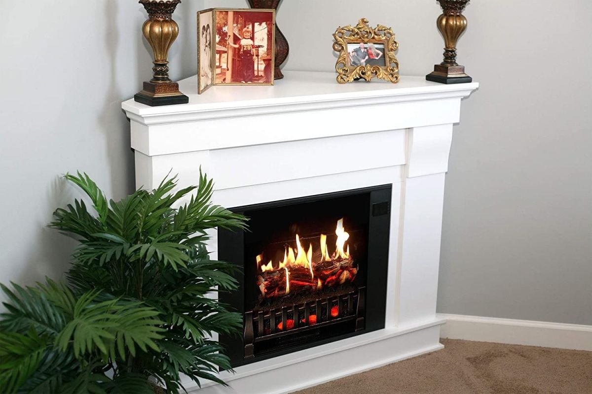 The best electric fireplace option set up, decorated, and displaying a fire