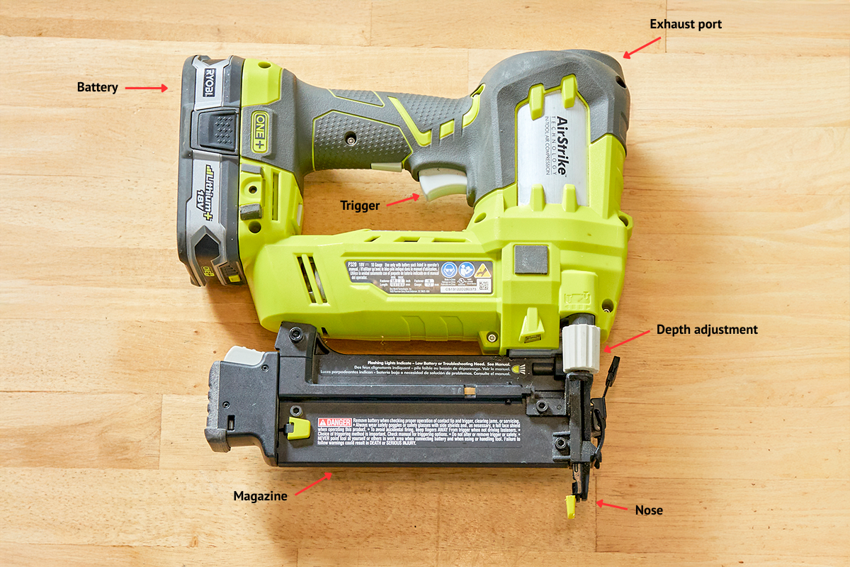 Photograph of a nail gun on a wood table with its main parts labeled.