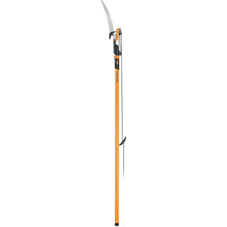  The Fiskars Extendable Pole Saw & Pruner on a white background.