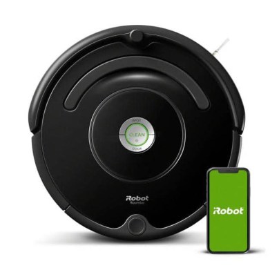 The iRobot Roomba 675 Wi-Fi Connected Robot Vacuum on a white background next to a phone showing the iRobot app.