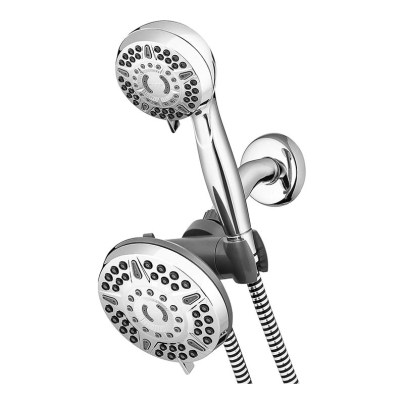 Chrome Waterpik brand shower head and handheld shower head on white background